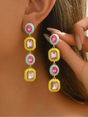 Colorful Drop Statement Earrings — Pink, Mint & Yellow R 411